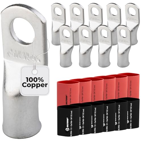 SELTERM 10pcs - 1/0 Awg - 3/8" Stud - Battery Lugs - Ring Terminal Connectors with 12pcs 3:1 Black & Red Heat Shrink Tubing with Adhesive | Heavy Duty Battery Cable Ends - Tinned Copper Wire Lugs Kit - color: Tinned Copper Lugs + Heat Shrinks, size: 1/0 A