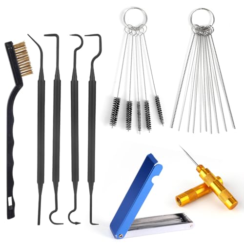 lasuroa Carburetor Cleaning Kit, Includes 1 Single Head Brush 23 Needles 5 Nylon Brushes 1 Scraper and 4 Cleaning Hooks for Motorcycle ATV Chainsaw & Welder