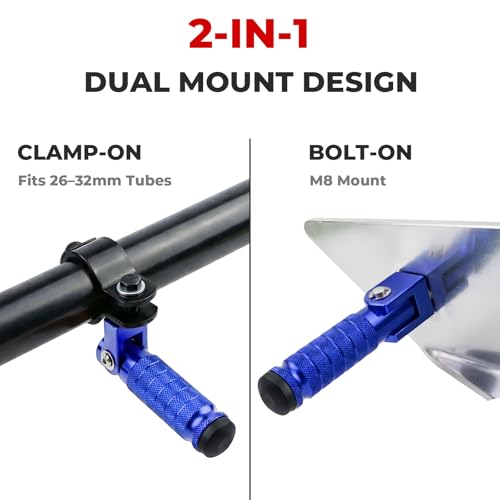 2-in-1 Clamp-On & Bolt-On Foldable Foot Pegs, Motorcycle Foot Pegs with Removable Pipe Clamps, M8 Mount or 26–32mm Tube Fit, for E-Bike, Mini Bike & Custom Builds （1 Pair, Anodized Blue) - color: Anodized Blue