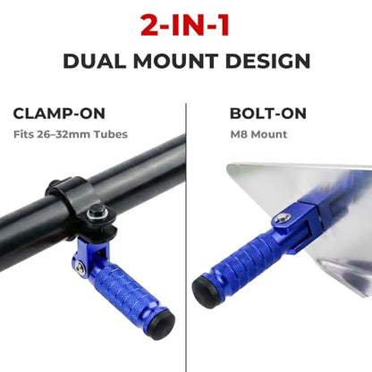 2-in-1 Clamp-On & Bolt-On Foldable Foot Pegs, Motorcycle Foot Pegs with Removable Pipe Clamps, M8 Mount or 26–32mm Tube Fit, for E-Bike, Mini Bike & Custom Builds （1 Pair, Anodized Blue) - color: Anodized Blue