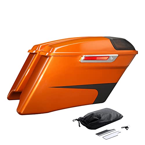 HR3 Scorched Orange/Black Denim 4" Stretched Hard Saddlebags w/Speaker Lids Compatible with 2019 Road Glide Special FLTRXS Street Glide Special FLHXS Ultra Limited FLHTK (Replace for OEM) - color: Scorched Orange / Black Denim