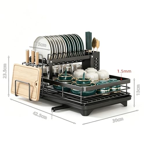 2-Tier Dish Drying Rack with 360° Rotating Drainage, Detachable Utensil Holder , Rust-Resistant Carbon Steel Dish Drainer for Kitchen Counter - color: Black