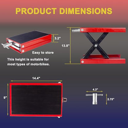 Motorcycle Lift Scissor Jack, Motorbike Jack with 1100lb Capacity Wide Deck Motorcycle Center Stand, Steel Scissor Jack for Street Bikes, Cruiser Bikes, Touring Motorcycles, Red