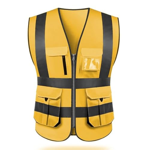 High visibility reflective safety vest multi pockets Hi-vis vest workwear safety waistcoat with reflective strips - color: Gold, size: 4X-Large