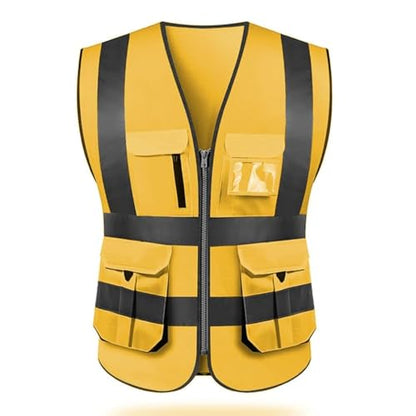 High visibility reflective safety vest multi pockets Hi-vis vest workwear safety waistcoat with reflective strips - color: Gold, size: Medium