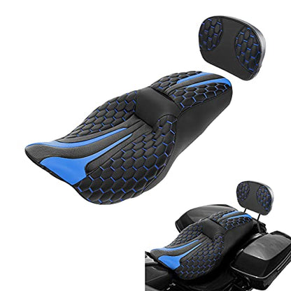 C.C. RIDER Motorcycle Seat Driver Passenger Touring Seat with Backrests for Harley Davison Electra Glide Classic Street Glide Road Glide 2009-2023 - color: Black Blue Seat + Backrest