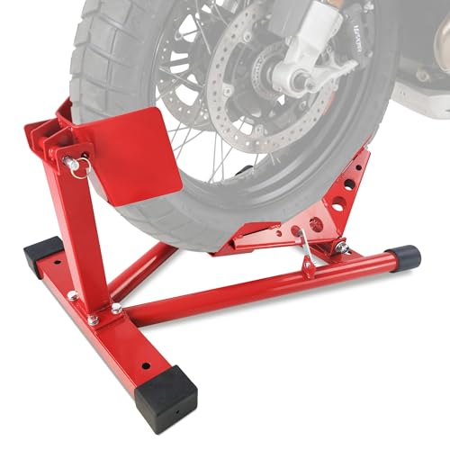GarveeTech Professional Grade Universal Wheel Chock & Motorcycle Stand Heavy-Duty 1500Lb Motorcycle Wheel Chock for Trailers, Garage, Dirt Bikes, Cruisers & Sport Bikes with Quick-Adjust Security - color: Red / Fit Wheel 12''-21''