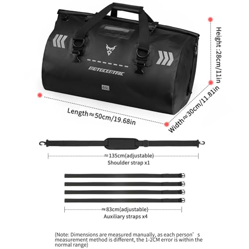 46L Motorcycle Luggage, Waterproof Roll-Top Motorcycle Bag for Long Distance Travel & Camping & Accommodates Musical Instruments, 500D PVC Heavy Duty Dry Bag with Air Valve & Shoulder Straps (Black)