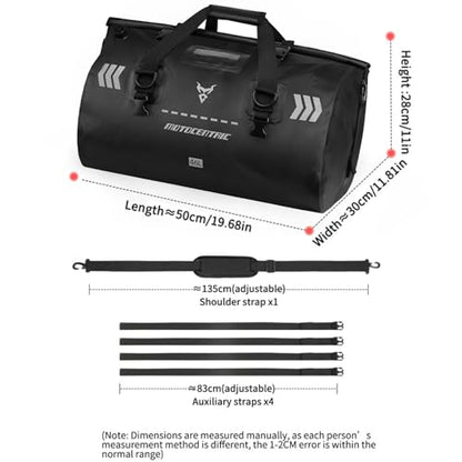 46L Motorcycle Luggage, Waterproof Roll-Top Motorcycle Bag for Long Distance Travel & Camping & Accommodates Musical Instruments, 500D PVC Heavy Duty Dry Bag with Air Valve & Shoulder Straps (Black)