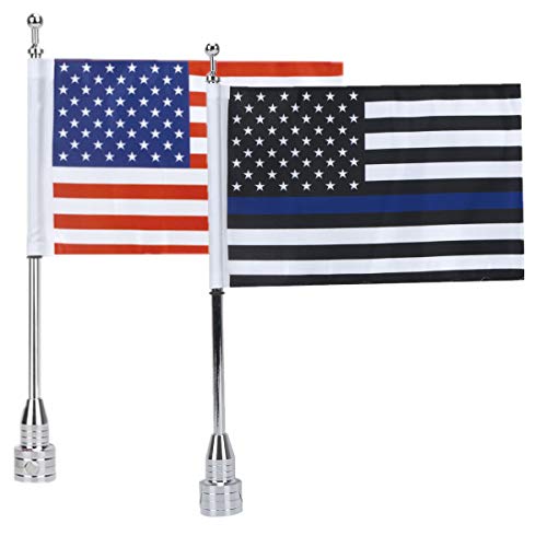 Motorcycle Flagpole Mount with American USA Flag & Blue Line US Flag for Harley Honda Goldwing CB VTX CBR and Yamaha – Fits 1/2" Round Luggage Rack - color: US Flag +Blue Line US Flag