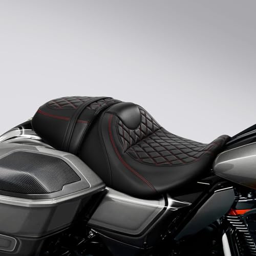 C.C. RIDER Low-Profile Rider&Passenger Seat Gel Seat Fit for Harley Touring 2023-2025 CVO Street Glide FLHXSE CVO Road Glide FLTRXSE 2024-2025 Street Glide FLHX Road Glide FLTRX FLTRXSTSE - size: 06# Gel Black+ Red Stitchs