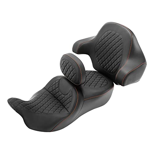 C.C. RIDER Seat & Rider Backrest & Passenger Backrest Pad Diamond 2-Up One-Piece Sissy Bar fit for Harley Touring Road King FLHR Street Glide FLHX Road Glide FLTRX 2014-2023 - color: 04# Brown+ Rider/ Passenger Backrests