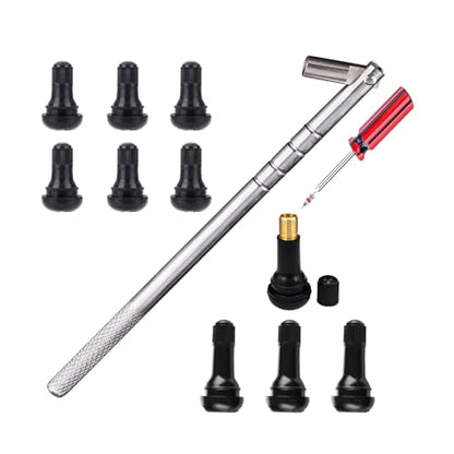 Dr.Roc Tire Valve Stem Puller Tools Set –1 x Valve Stem Installer, 10 x Brass and Ozone Resistant EPDM Snap-in Tire Valve Stem with Valve Cores (6 x TR412,4 x TR413), 1 x Valve Core Remover