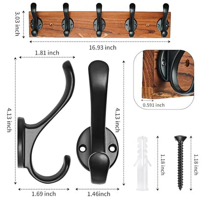 Coat Rack Wall Mount, Pre-Assembled 16" Coat Hooks with 5 Hooks, Heavy Duty Rustic Farmhouse Wood Plank Hooks for Hanging Hat, Clothes, Keys, Jacket, Purse - Door, Entryway, Mudroom - size: Pine wood - black hook