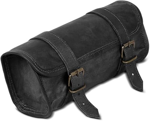PLW Leather Vintage Motorcycle Bicycle Essentials 2 Strap Buckle Closure Tool Bag Adjustable Quick Release Clasp Reinforced For Handlebars, Forks, Sissy Bar (Black)