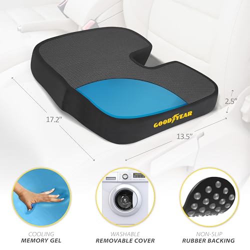 Goodyear Memory Foam Seat Cushion for Car & Office Chair – Tailbone Pain Relief, Cooling Pillow, Ergonomic Posture Corrector, Car Accessories & Home Office Essentials