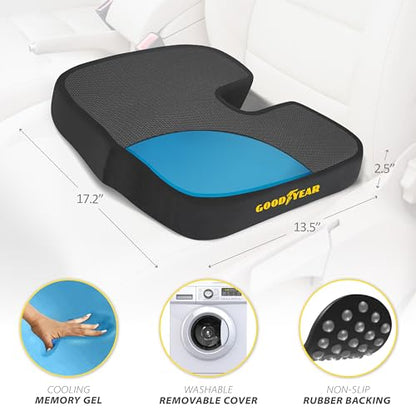 Goodyear Memory Foam Seat Cushion for Car & Office Chair – Tailbone Pain Relief, Cooling Pillow, Ergonomic Posture Corrector, Car Accessories & Home Office Essentials
