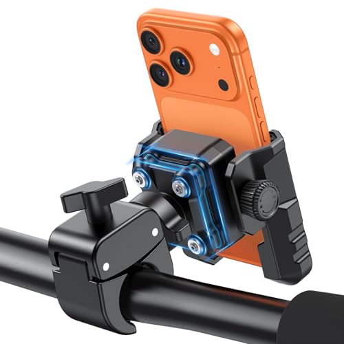OMOTON BK01 Anti-Vibration Phone Mount, Quick Lock Shockproof Bike & Motorcycle Phone Holder, Fits iPhone & Android for Riders on E-Bike, Stroller, Scooter, Fits Handlebars & Rearview Mirror, Black - color: 1-Black