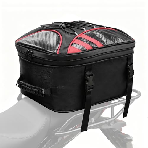 MDSTOP Motorcycle Tail Bag, Dual Use Seat Helmet Bag Backpack with Waterproof Rain Cover, 22L-34L Expandable Motorcycle Rear Seat Bag (Black+Red, M)