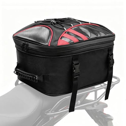 MDSTOP Motorcycle Tail Bag, Dual Use Seat Helmet Bag Backpack with Waterproof Rain Cover, 22L-34L Expandable Motorcycle Rear Seat Bag (Black+Red, M)