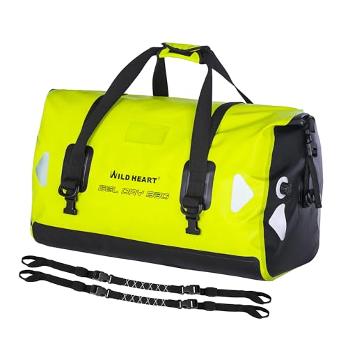 WILD HEART Waterproof Motorcycle Duffel Bag PVC500D Double-bottom With Rope Straps and Inner Pocket 40L 66L 100L for Kayaking, Camping, Boating,Motorcycle - color: 66L Fluorescent green, size: 66L