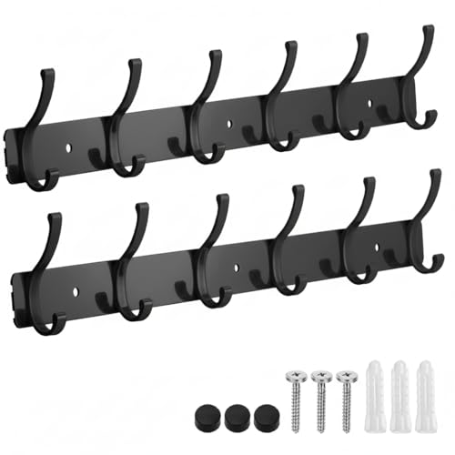 Dntorx Coat Rack Wall Mount, 2 Pack Coat Hooks Hanger Wall Double Hook Rack Rail Towel Hat Rack Entryway Bathroom Hanger Organizer for Robes, Clothes, Bags, Hat(Black) - color: Black, size: 2 Pack