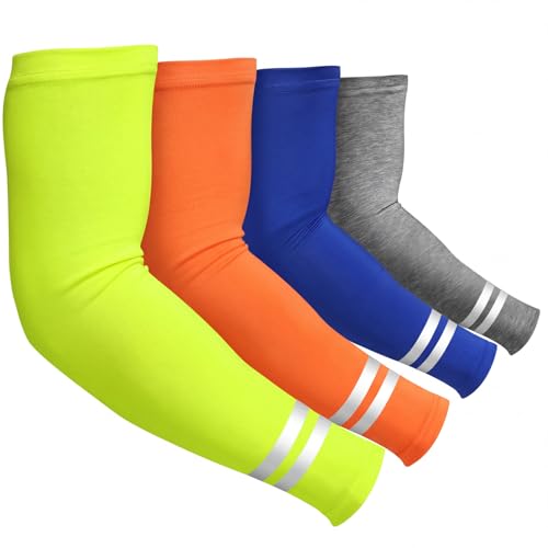 Geyoga 4 Pairs Sun Protection Arm Sleeves for Men Women Reflective UV Protective Arm Cover for Basketball Outdoor Sports - color: Green, Orange, Blue, Gray