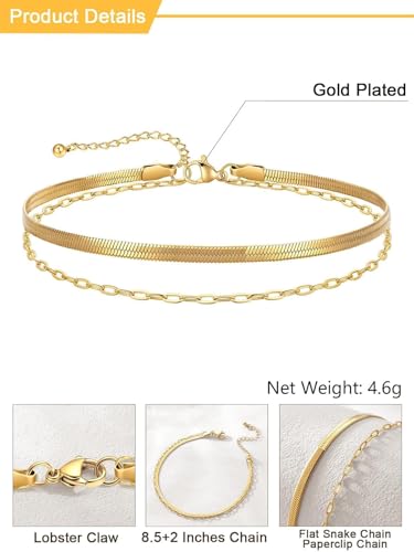 U7 Silver/Gold Ankle Bracelets for Women Layered Chain Anklets Stainless Steel Waterproof Summer Beach Anklet Cham, Adjustable 8.5"-10.5" - color: Gold - Flat Snake Chain+Paperclip Chain