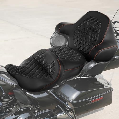 CC RIDER Gel Seat Driver Passenger Seat+ King/Chopped Trunk Backrest Pad Fit For Harley 2014-2023 Touring Street Glide Road Glide Electra Glide CVO,Diamond Stitching - color: 04# Gel Brown+ Tour Trunk Backrest