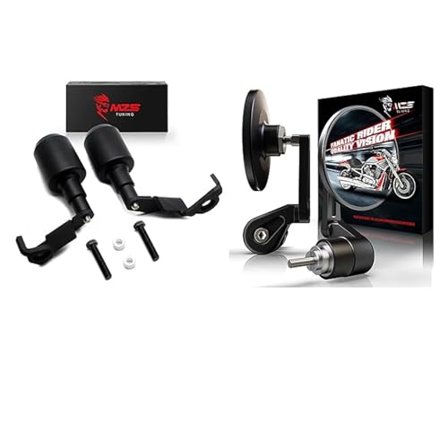 MZS Bar End Mirrors, Motorcycle Handlebar Mirrors Round Black+Motorcycle Frame Sliders, Falling Crash Protector Guards No Cut Kits Compatible with CBR1000RR