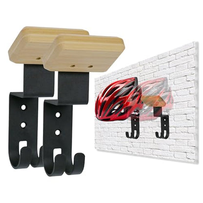 2-Pack Helmet Holder Wall Mount, Helmet Hanger,Motorcycle Gear Rack with 2 Key Hooks, Constructed with Solid Wood & Strong Steel for Bike Tactical Gear Baseball Football Skiing Helmet