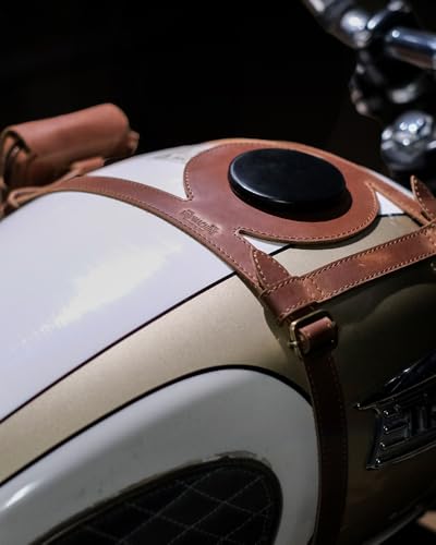 Trip Machine Company Genuine Leather Motorcycle Fuel Tank Strap – Heavy Duty Adjustable Horizontal Tank Mount Cover for Right Side Fuel Inlet Bikes (Only Tank Strap, Cognac) - color: Cognac, style: Only Tank STrap
