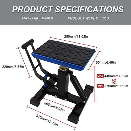 POLARBEAR Dirt Bike Stand Motorcycle Hoist Lift Stand Center Jack Adjustable Heavy Duty 1200Lbs Capacity Repair Lifting Jack Stand Table Rack(Blue) - color: Blue
