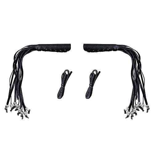 Motorcycle Lever Cover PU Leather Fringed Brake Clutch Covers Universal Grip Tassels Motorcycle Handlebar Covers with Skull Beads - color: Black with Black Strap