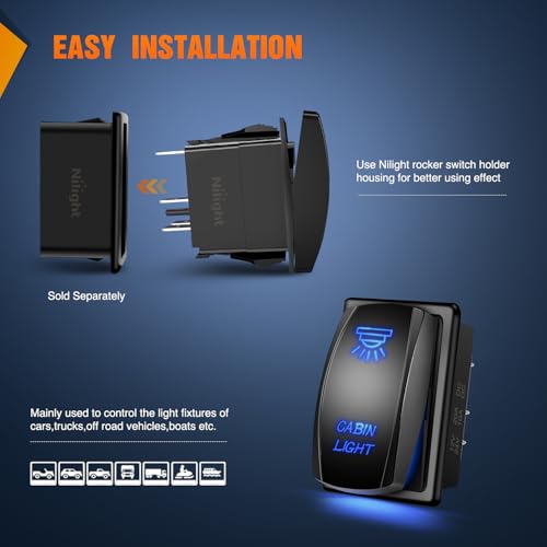 Nilight Cabin Light Rocker Switch Led Bar 5 Pin Laser On Off SPST Switches 20A/12V 10A/24V Blue with Jumper Wires Set for Cars Trucks Boats ATVs UTVs RVs - size: CABIN LIGHT