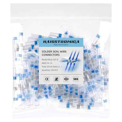 haisstronica 100PCS Solder Seal Wire Connectors,Waterproof Heat Shrink Butt Connectors Terminals for Watercraft,Electrical,Electronics AWG 16-14 Blue - size: AWG 16-14 Blue