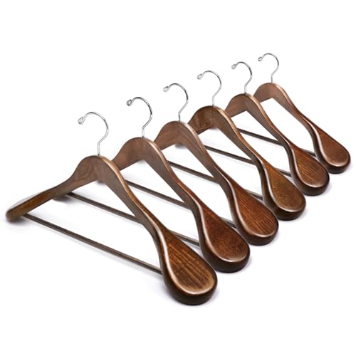 Amber Home 6 Pack Walnut Wide Shoulder Wooden Suit Hangers, Wood Coat Hangers with Non Slip Pants Bar, Clothes Hangers for Jackets, Sweaters, Pants & Heavy Clothes (Vintage, 6 Pack) - size: Walnut