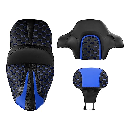 Extended Reach & Max Profile Seat Gel Rider Cushion with Rider Backrest and King Tour Pack Trunk Backrest Pad fit for Harley Touring Road King Street Glide Road Glide Electra Glide 09-2023 Black Blue - color: Gel Style A Blue Seat + 2 Backrest