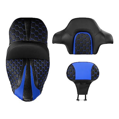 C.C. RIDER Gel Seat Driver Passenger Seat and Driver+ Tour Trunk Backrests Fit For Harley Touring 2014-2023 Street Glide Road Glide Road King Electra Glide,Blue Hexagon - color: 23# Gel Blue+ 2 Backrests