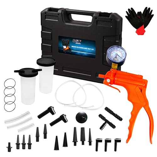SGT 2 in 1 Brake Bleeder Kit,Brake Bleeding Kit with Hand Vacuum Pump and Adapters,for Brake Fluid Power Steering Fluid More,Vacuum Brake Bleeder Pump with Case & Gloves