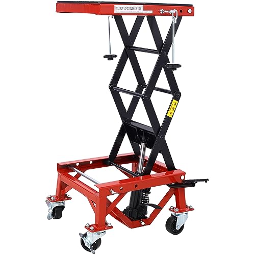 Hydraulic Motorcycle Scissor Jack Lift - Motorcycle Lift Motorcycle Jack 300 LBS ATV Scissor Lift with Foot-Operated Wide Deck 4 Wheels for ATV Motorcycle Bike Dirt Bikes, Red - color: Red