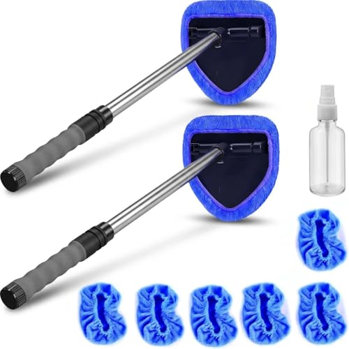 Car Windshield Cleaner Tool (2-Pack) with Extendable Handle, Inside Auto Window Glass Cleaning Kit with 8 Washable Microfiber Pads & Spray Bottle, Streak-Free Defogger Wand for Deep Dashboards