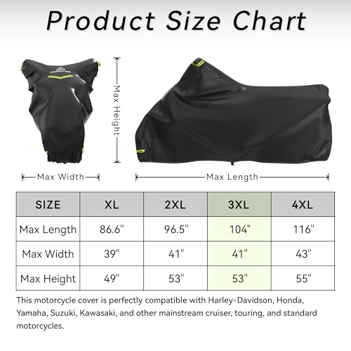 Motorcycle Cover 300D Waterproof Outdoor Night Reflective Breathable Vents All Season Rain Sun Dust Protection Universal Fit Powersports Vehicle Cover with Lock-Holes Fits up to 104" - size: 104"