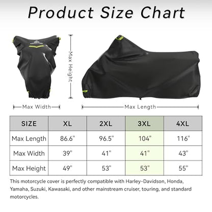 Motorcycle Cover 300D Waterproof Outdoor Night Reflective Breathable Vents All Season Rain Sun Dust Protection Universal Fit Powersports Vehicle Cover with Lock-Holes Fits up to 104" - size: 104"