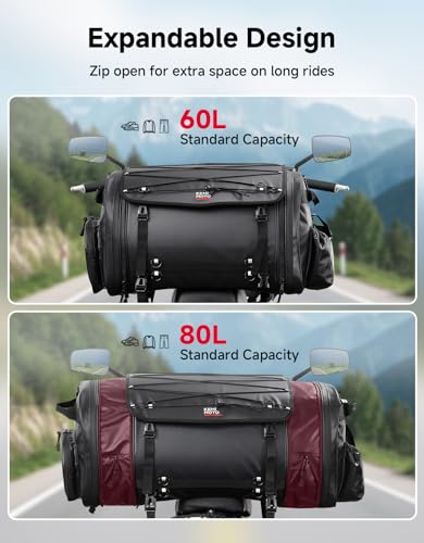 KEMIMOTO Motorcycle Travel Luggage Bags, Expandable Large Capacity Motorcycle Tail Bag, Waterproof Rear Rack Trunk, Motor Pannier Bag with Rain Cover and Straps 60L-80L - size: 60-80L