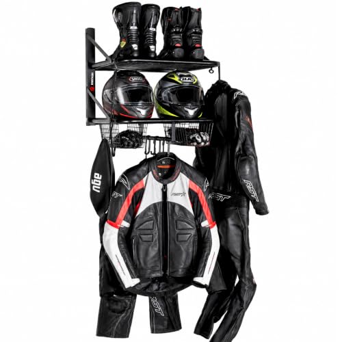 Motorcycle Helmet Wall Mount, 2-Tier Helmet Holder Wall Mount with Shelf & Baskets, Motorcycle Gear Rack Storage for Jackets, Gloves, Keys and Riding Accessories