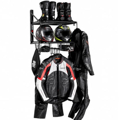 Motorcycle Helmet Wall Mount, 2-Tier Helmet Holder Wall Mount with Shelf & Baskets, Motorcycle Gear Rack Storage for Jackets, Gloves, Keys and Riding Accessories