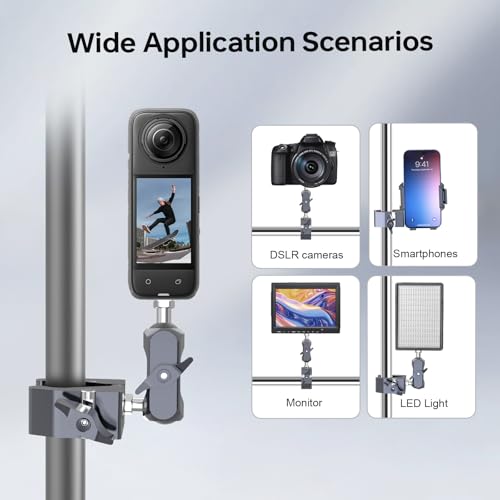 Super Clamp Camera Mount, Aluminum Double Ball Head Magic Arm for Insta360 X5 GoPro DJI OSMO 360 DSLR Monitor, 360° Handlebar Pole Desk Mount, 13lb Load QX010