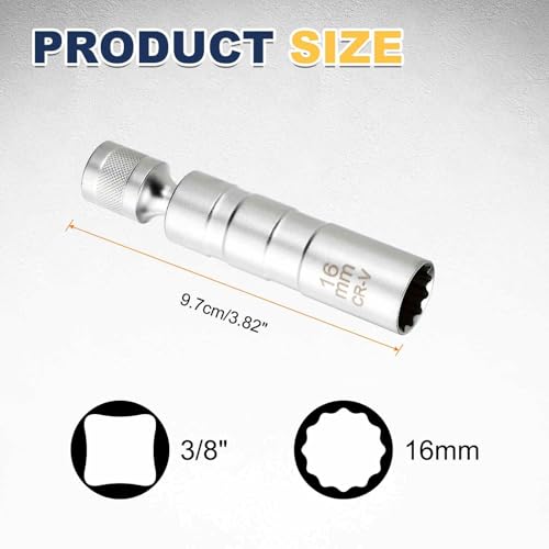 HARFINGTON 2pcs Spark Plug Socket Set 3/8" Drive 16mm Swivel Magnetic 12 Point Thin Wall Spark Plug Socket with 360 Degree Swivel CR-V Steel, Silver - size: 16mm