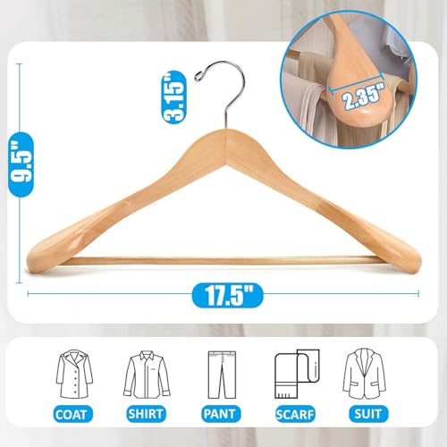 Amber Home 6 Pack Wide Shoulder Wooden Suit Hangers, Natural Wood Coat Hangers with Non Slip Pants Bar, Clothes Hangers for Jackets, Sweaters, Pants & Heavy Clothes (Natural, 6 Pack) - size: Natural